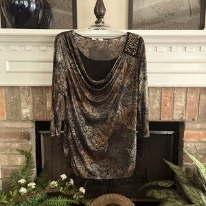 Brown Asymmetrical Blouse with Cowl Neck and 3/4 Sleeves